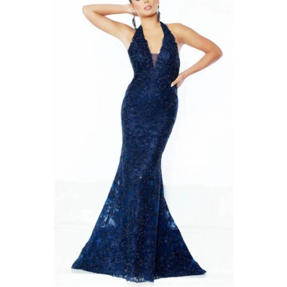 NEW JASZ COUTURE deep v-neck mermaid gown in navy